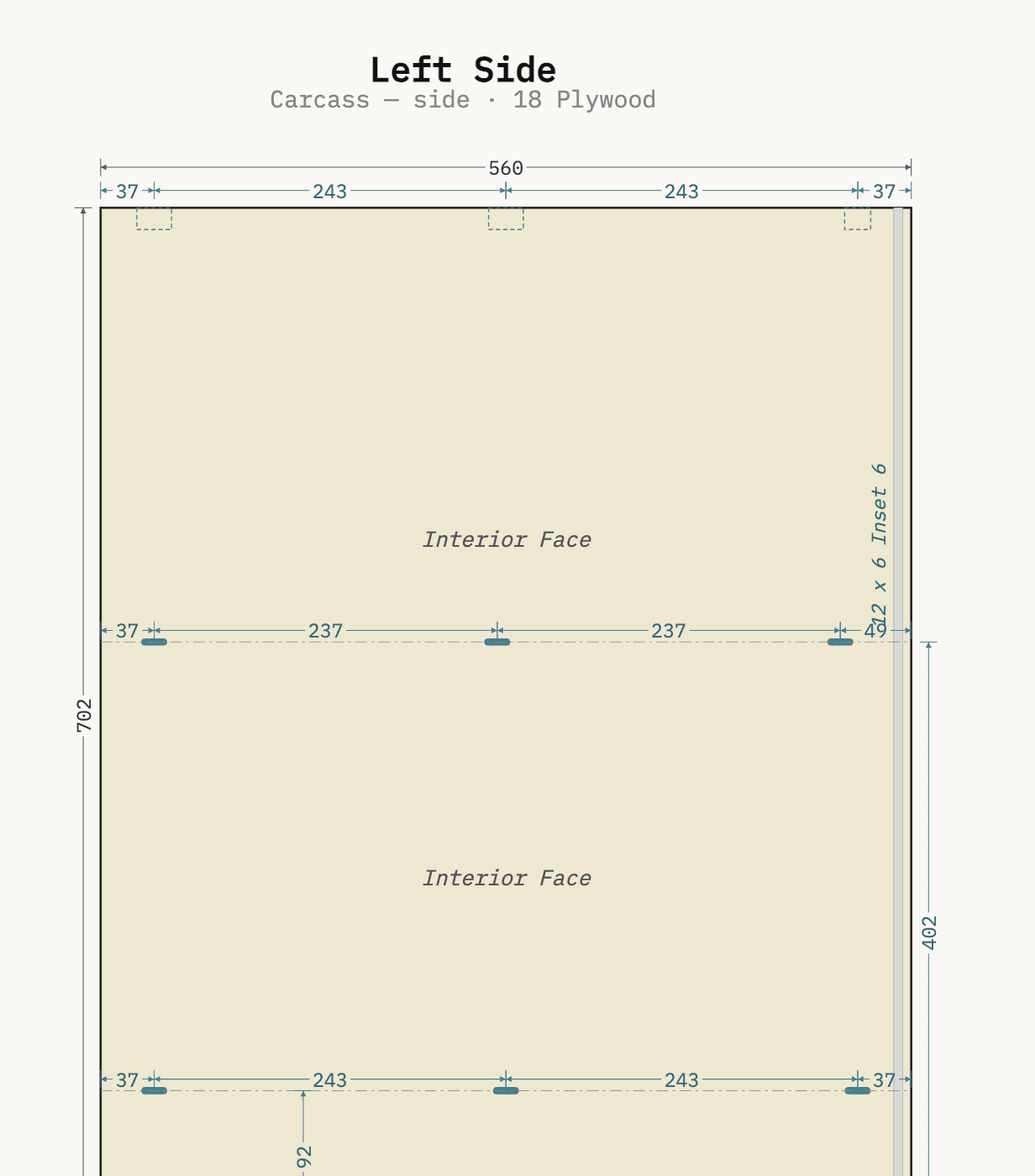 Left Side panel detail showing Domino mortise placements with dimensions
